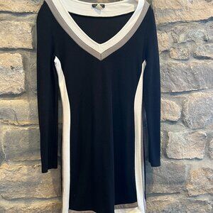 Venus Bodycon Sweater Dress in Black, Gray, and White, High-Low Hem, Size Small